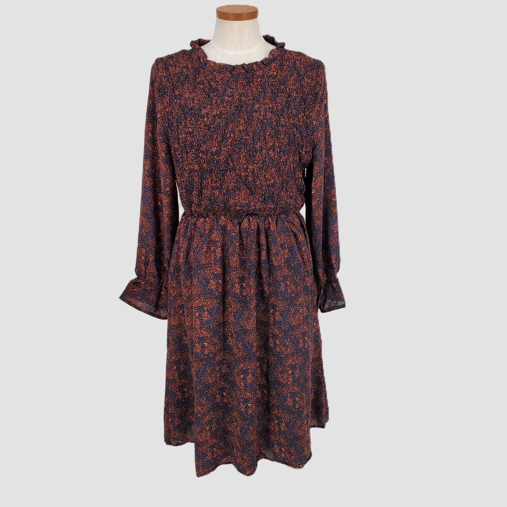 Tulip B Womens XL Navy Rust Orange Abstract Print Smocked Ruffle Midi Dress New